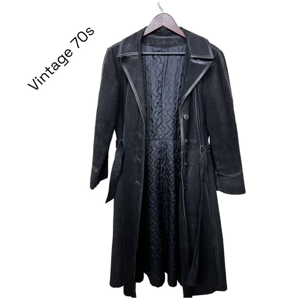 Rare Find!Vintage 70s Dark Mocha Brown Real Leather & Suede Belted Long Coat - Picture 5 of 9